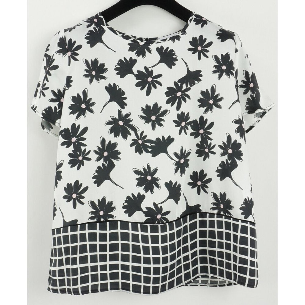 New Anna Rachele Women's 46 XL White Black Pink Floral Twill Short Sleeve Blouse